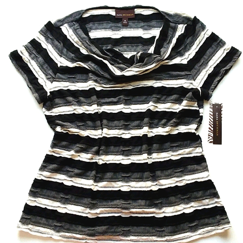 Black stripe shirt Dana Buchmanblack white stripe cowl neck shirt. TAG MISSING